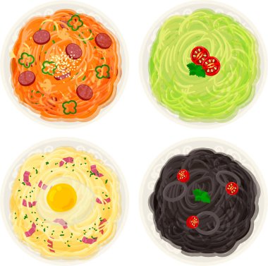 Napolitan, genovese, carbonara ve mürekkep balığı mürekkebi gibi çeşitli lezzetli makarnaların ikonları.