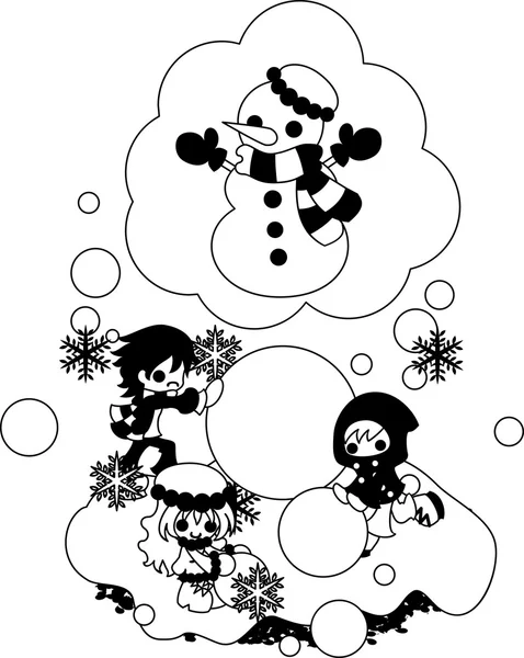 Maken een sneeuwpop met vrienden — Stockvector