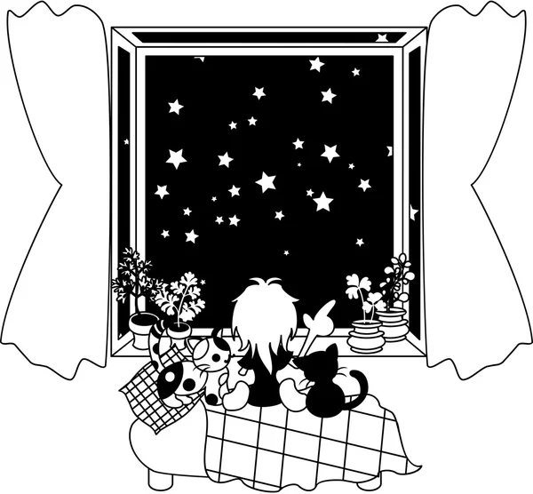 Observando el cielo estrellado con gatos — Vector de stock