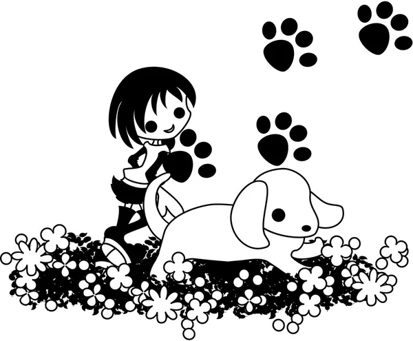 一个女孩子带一只狗跑 — 图库矢量图片