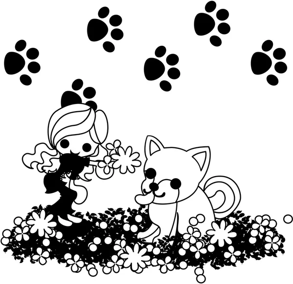 少女と犬と花束 — ストックベクタ