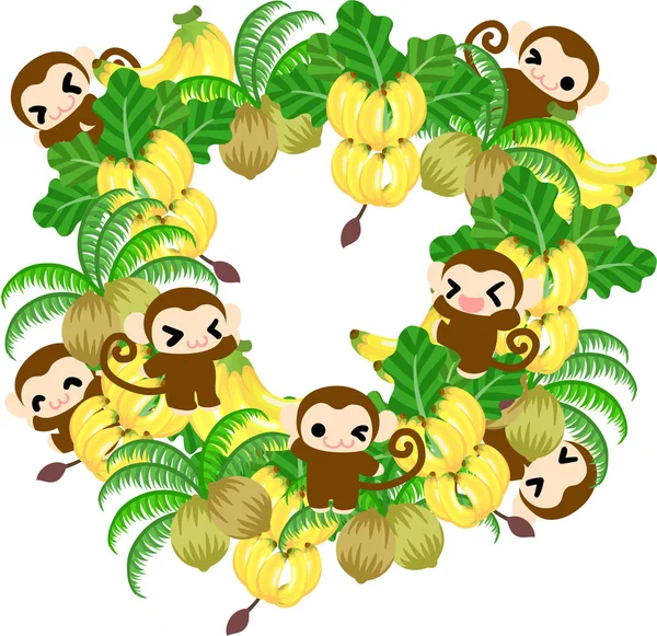 Szép majmok - koszorú, a banán és a kókusz- — Stock Vector