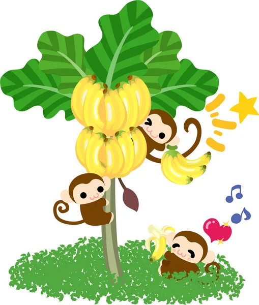 Monos bonitos Banana árbol - — Vector de stock