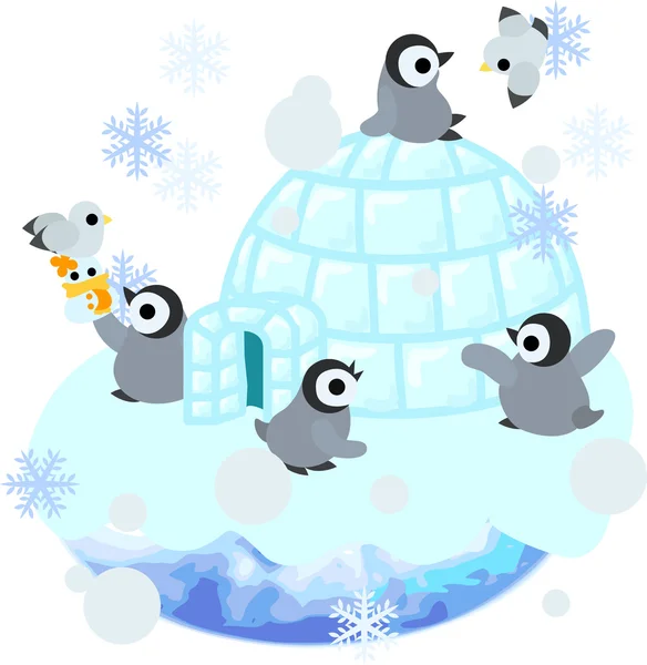 Pingwiny i igloo. — Wektor stockowy