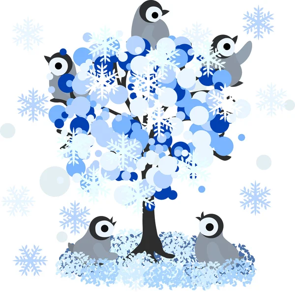Pinguins e árvore de inverno — Vetor de Stock
