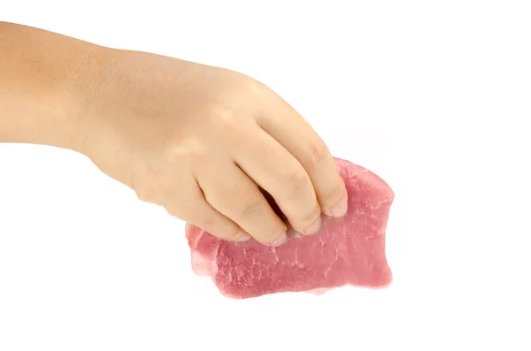 Raw sliced pork hold by hand — Stock Photo, Image