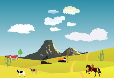 Wildwest illustration in red colors isolated on white. Train and bison on prairie