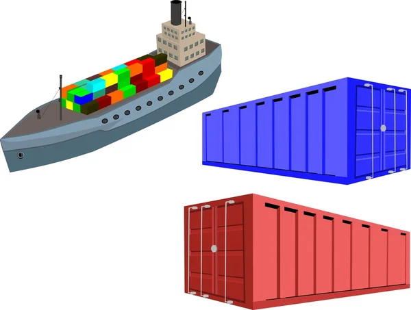 Navi e container per il trasporto marittimo. Isolato su illustrazione vettoriale bianca — Vettoriale Stock