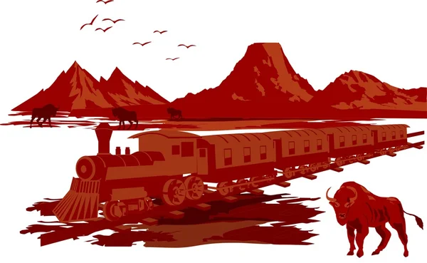 Ilustración Wildwest en colores rojos aislados en blanco. Tren y bisonte en la pradera — Archivo Imágenes Vectoriales