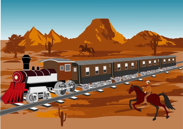 Wild west vector illustration. Train in prairie, cowboy on horse, blue sky — Stock Vector