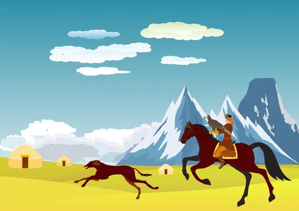 Un cacciatore di kazakh cavaliere con un uccello da caccia aquila, levriero, vettore landcape, cielo blu, campagna sullo sfondo — Vettoriale Stock
