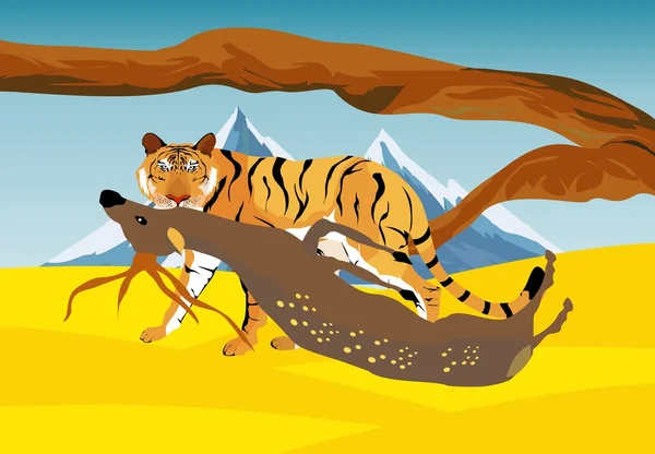 Tigrul îşi ucide căprioara de pradă. Peisaj vectorial. Ilustrație vectorială. Wildlife — Vector de stoc