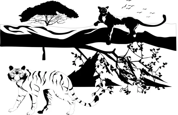 Чорна пантера на стовбурі дерева та тигрі. Векторна ілюстрація — стоковий вектор