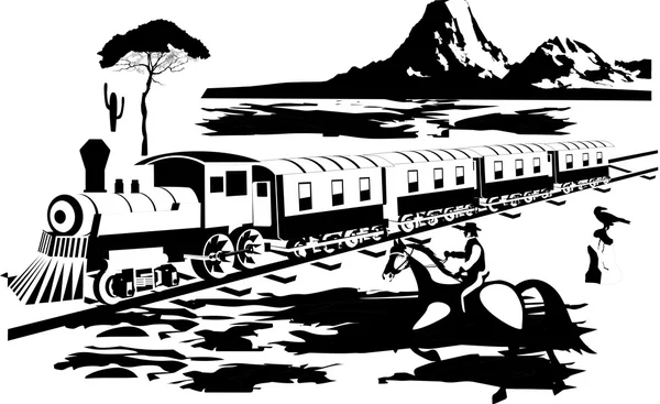 Ilustración Wildwest. Tren en la pradera, vaquero y paisaje vectorial . — Archivo Imágenes Vectoriales