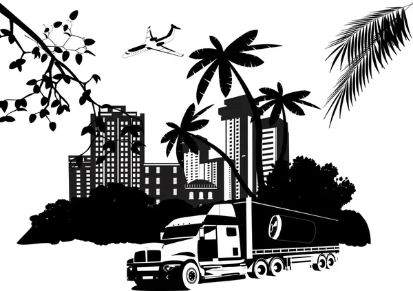 Colagem urbana, ilustração vetorial. Caminhão, edifícios, galho de árvore, silhuetas — Vetor de Stock