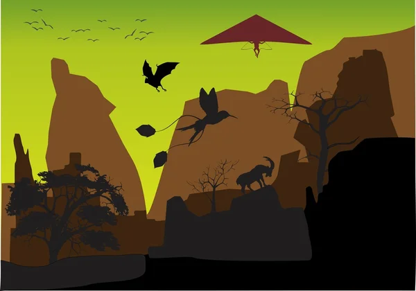 Natura fauna selvatica vettore silhouette scena. Montagne, alberi, animali, rocce — Vettoriale Stock