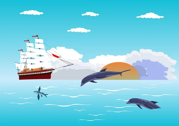 Mar calmo azul e navio com velas brancas no horizonte, golfinhos, peixes —  Vetores de Stock