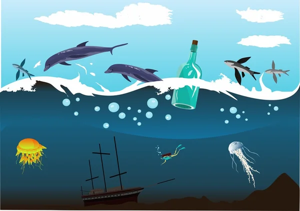 Batık okyanus, sualtı dünyası, deniz derinliği, yunuslar, şişe.