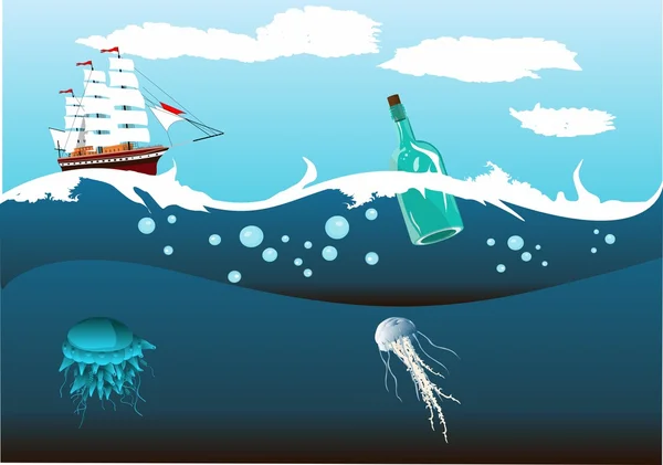 Okyanus dalgaları, sualtı dünyası, deniz derinlik çalıştıran beyaz yelkenli gemi.