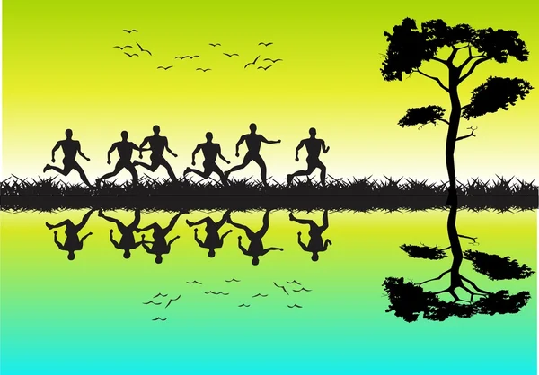 Běžci runing siluety a jejich reflexe na řekách voda, vektorové ilustrace — Stockový vektor