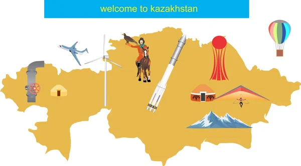 Kazakstan karta illustrerar landet. Välkommen till Kazakstan — Stock vektor