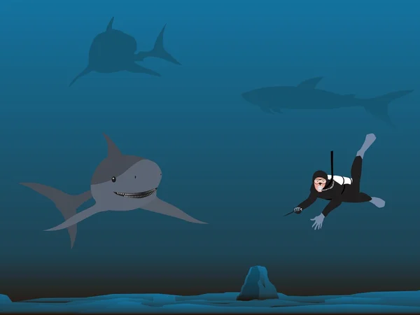 Buceador y tiburón en el abismo submarino vector ilustración . — Archivo Imágenes Vectoriales