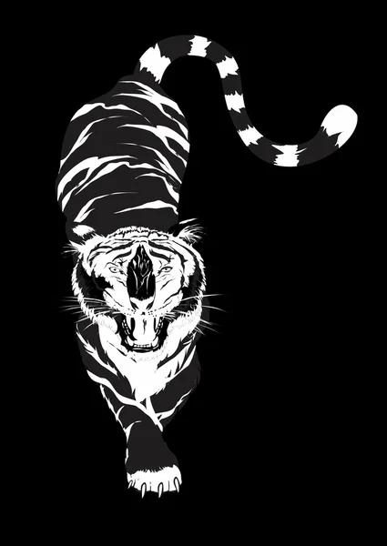 Tigre monocromo único sobre fondo negro — Vector de stock