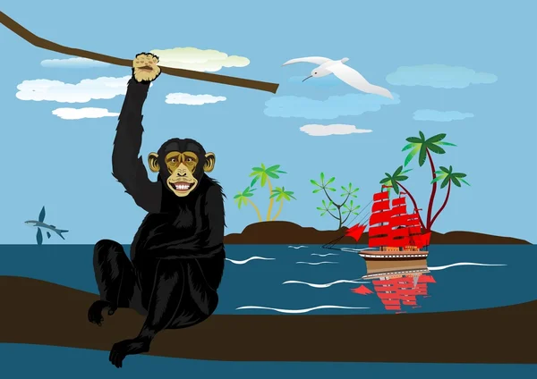 Macaco chimpanzé sentado no tronco da árvore, água azul do mar e navio no fundo —  Vetores de Stock