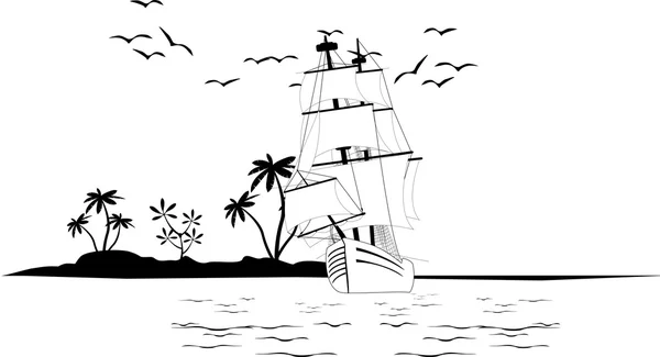 Veleiro scetch navio no oceano ondas vetor ilustração —  Vetores de Stock