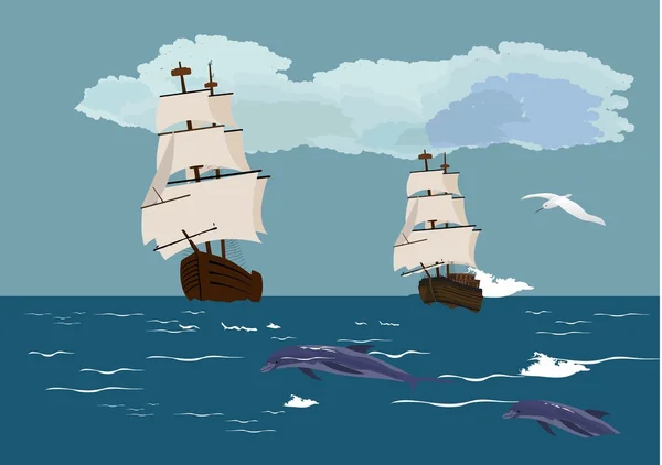 Navegue navios com velas brancas em ondas azuis do oceano, nuvens brancas no céu. Ilustração vetorial —  Vetores de Stock