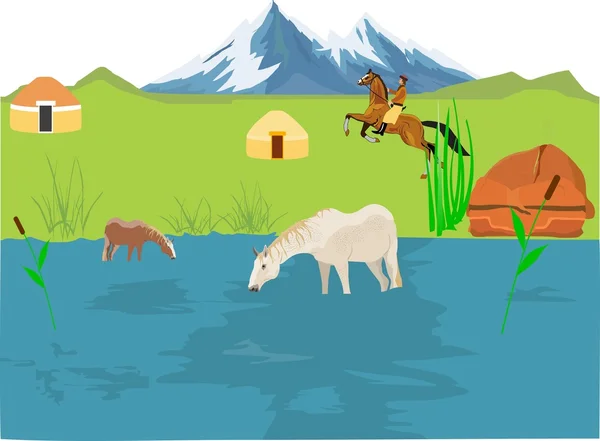 Kazakistan peyzaj, koşma, jurts, horeses gölde atlı