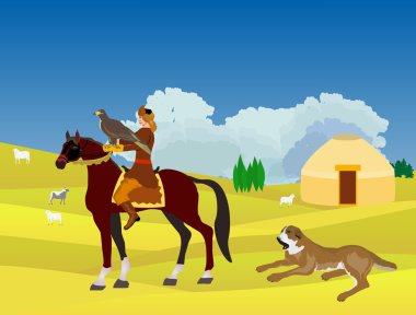 Kazakistan yatay, atlı ile kartal avcı, köpek