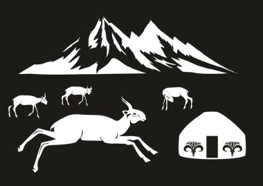 Saiga antilop ve jurts, resimde siyah arka plan üzerine