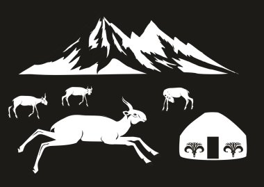 Saiga antelopes and jurts, illustration on black background clipart