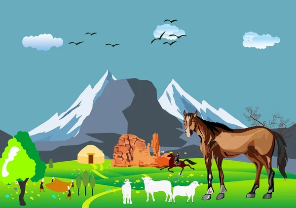 Kazak Aul'du, jurts, koyunları, dağlar. Kazakistan kırsal, vektör çizim.