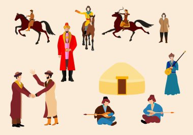 Kazak insanlar natrional etnik elbiseli, vector Icons set