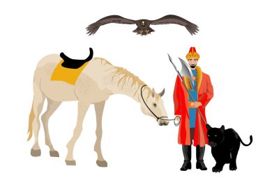 Kazak erkek at ve avcılık Panter ile etnik elbiseli