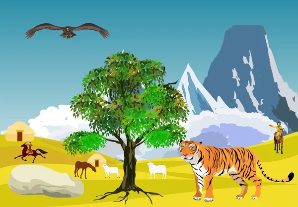 Tigre turan d'Asie centrale, habitations nomades kazakh sur fond, illustration vectorielle — Image vectorielle
