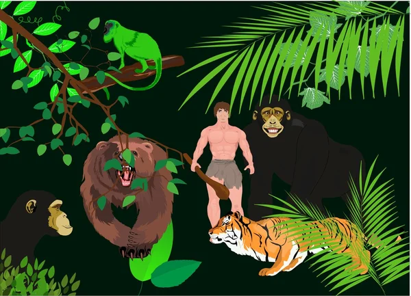Tigre. mono, oso y humano en la selva. Escena de ilustración vectorial sobre fondo negro — Vector de stock