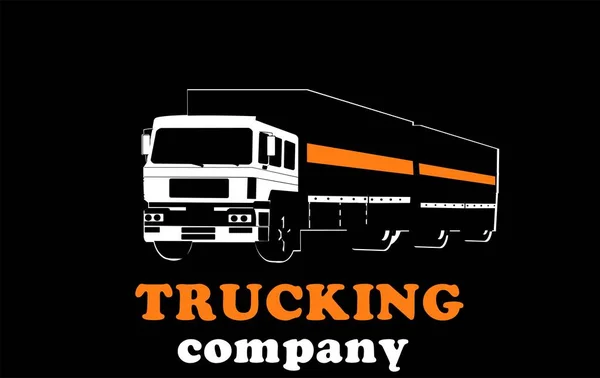 黒の背景に物流輸送トラック会社のロゴ それらの上に3台のトラックと飛行機ジェット モノクロベクトルテンプレート — ストックベクタ