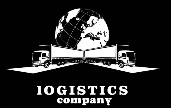 Logistica Logo Della Società Trasporto Sfondo Nero Tre Camion Aereo — Vettoriale Stock