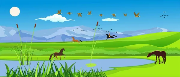 Banner Μέγεθος Εικονογράφηση Του Φυσικού Τοπίου Στο Καζακστάν Άλογα Λίμνη — Διανυσματικό Αρχείο