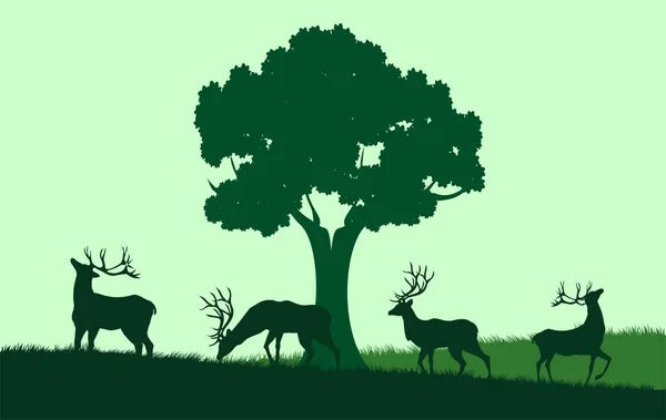 Paisaje Natural Siluetas Ciervos Bajo Árbol Las Colinas Bosques Ilustración — Vector de stock