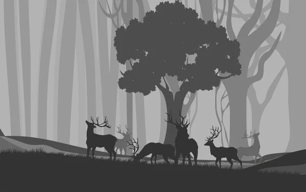 Přírodní Krajina Siluety Jelenů Pod Stromem Kopcích Lesy Vektorová Ilustrace — Stockový vektor