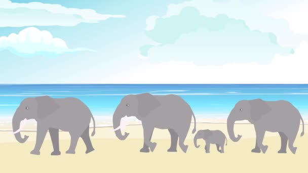 Сім Слонів Гуляє Кунжуті Пляжі Векторна Анімація — стокове відео