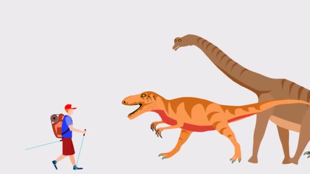 Turista Tra Dinosauri Loop Animazione Cartone Animato — Video Stock