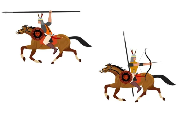 Two Kazakh Ancient Warriors Horse Isolated White Vector Illustration — Stock Vector