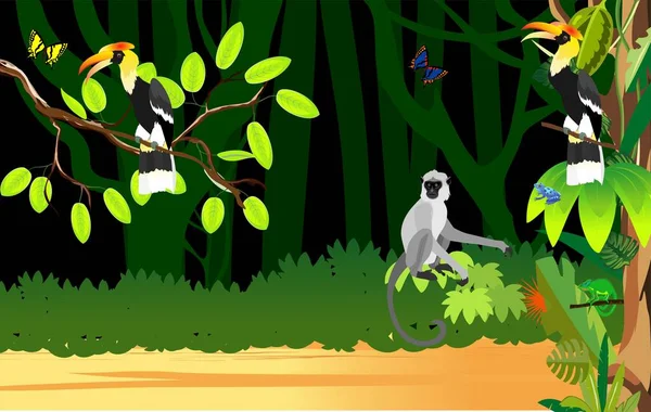 Forêt Tropicale Humide Jungle Nocturne Animaux Exotiques Singe Corbeau Plantes — Image vectorielle