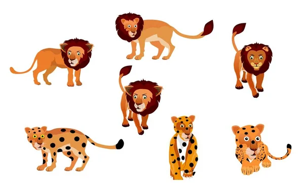 Cartoon Leopards Lions Set Isolated White Vector Illustration — Stockový vektor