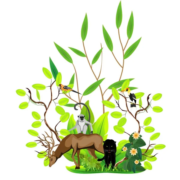 Ilustración Vida Silvestre Selva Deer Monkey Bajo Palma Aislada Blanco — Vector de stock